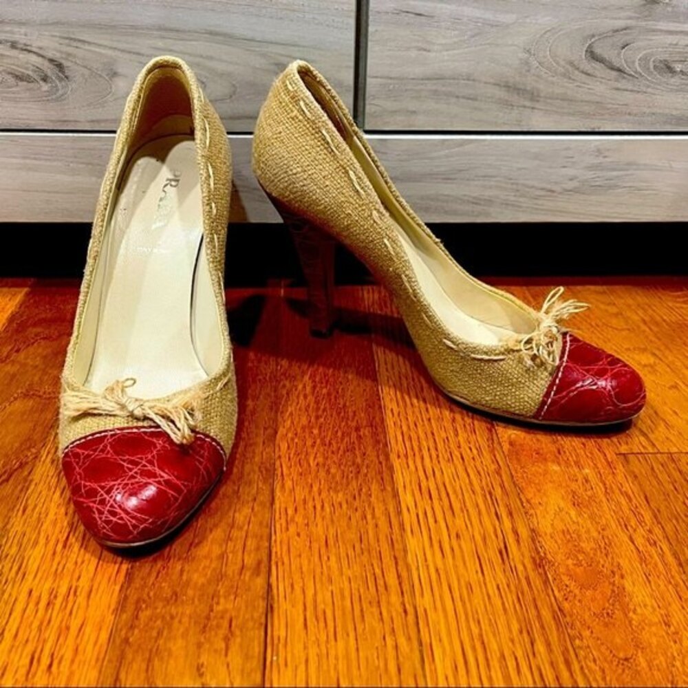 Prada Cream Tweed & Red Leather Round Toe Pump Heels 38